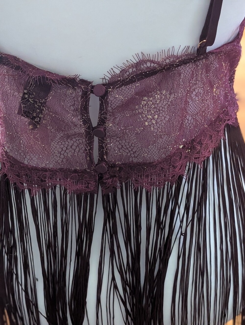 Fringe Lace Lingerie Set Burgundy Plunge Babydoll Teddy Thong 2 Piece NWT Medium - Picture 9 of 13